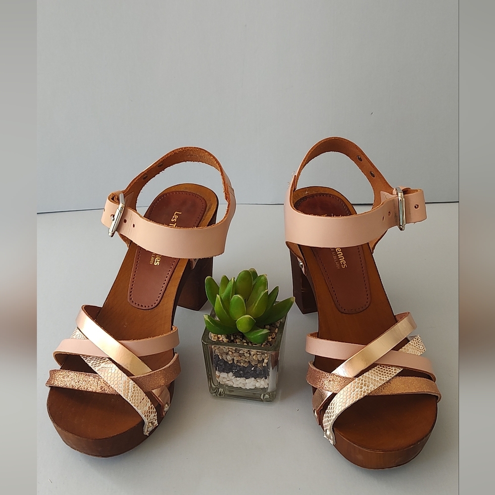 Sandals Pink And Tan Women's Heels Rubber And Leather